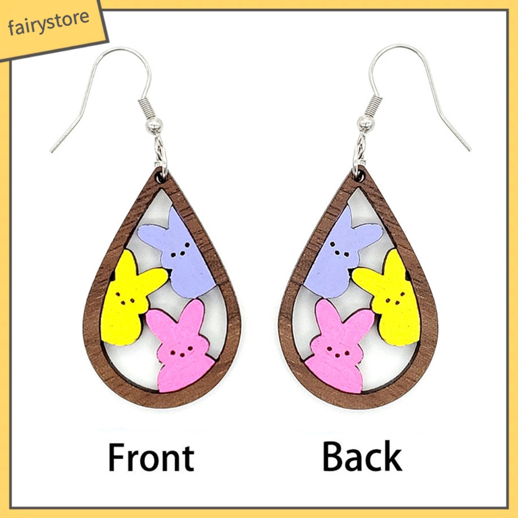 1 Đôi Bông Tai Hình Giọt Nước Họa Tiết Thỏ Bằng Gỗ Thời Trang