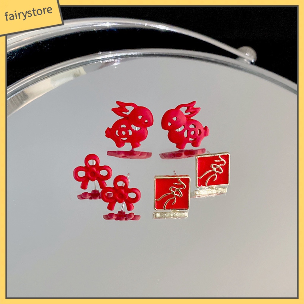 Set 3 Đôi Khuyên Tai Hình Thỏ Hoạt Hình Phong Cách Trung Hoa Ngọt Ngào Cho Nữ