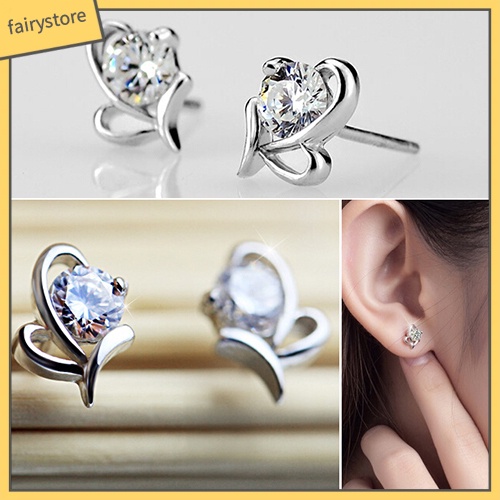 Đôi Bông Tai Mạ Bạc 925 Hình Trái Tim Đính Đá Thời Trang Cho Nữ