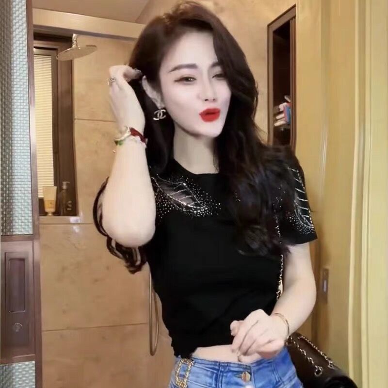 Áo Thun Cao Cấp Tay Ngắn Đính Đá Lấp Lánh Kiểu Dáng Mùa Hè Plus Size