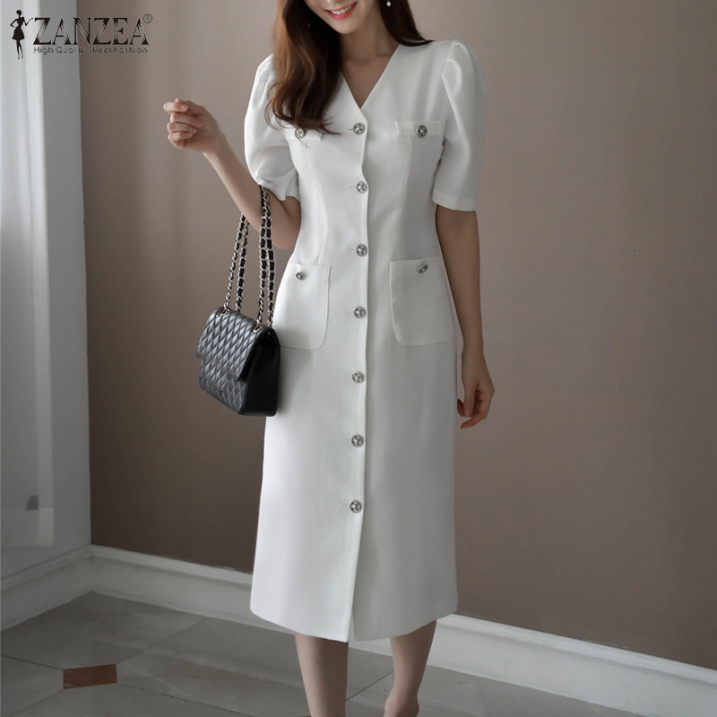 Đầm Nữ Tay Ngắn Cổ Chữ V Màu Trơn Phong Cách Hàn Quốc ZANZEA