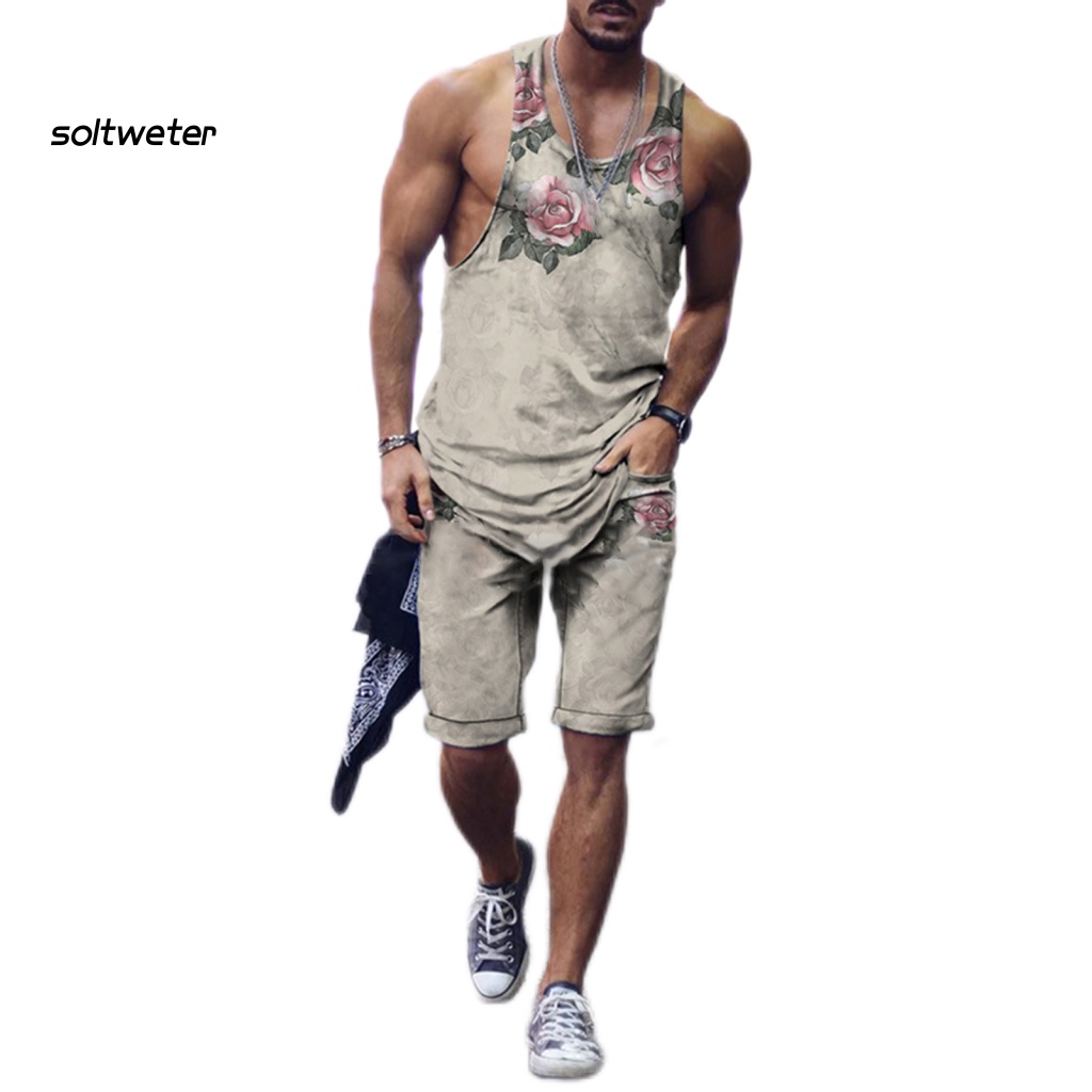 1 Bộ Áo Sát Nách Cổ Tròn In Họa Tiết Kỹ Thuật Số Phối Quần Short Thời Trang Đi Biển Mùa Hè