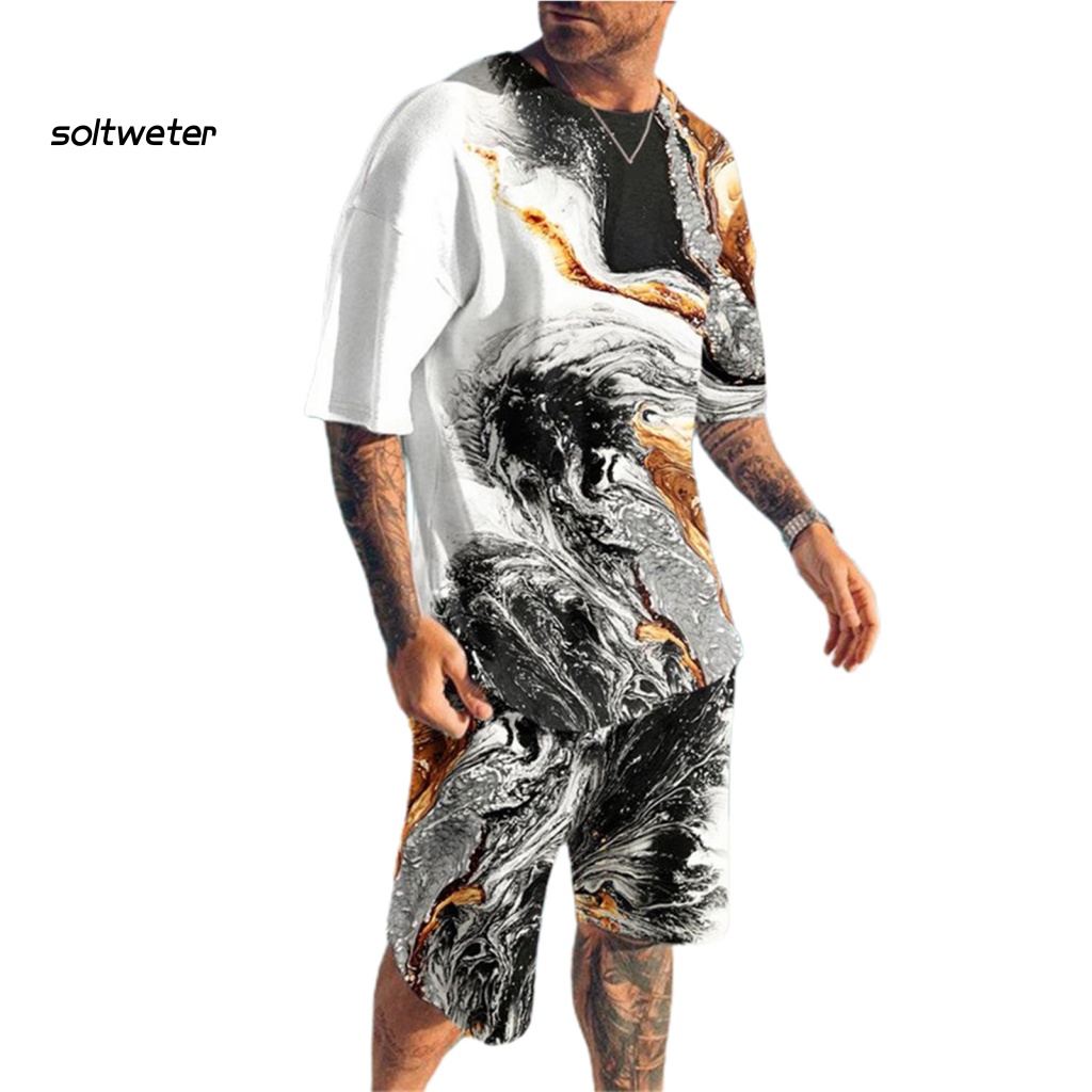 1 Bộ Áo Thun Cổ Tròn In Họa Tiết 3D + Quần Short Lưng Thun Phối Túi Thời Trang Đường Phố Mùa Hè