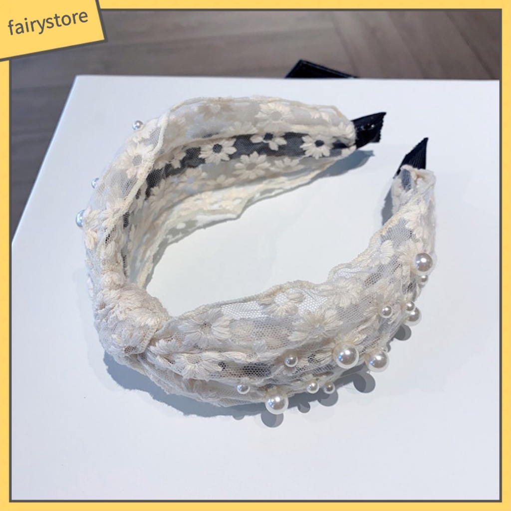 Băng Đô Cài Tóc Bản Rộng Thắt Nút Đính Ngọc Trai Giả Phối Ren Thắt Nơ Xinh Xắn Cho Bạn Gái