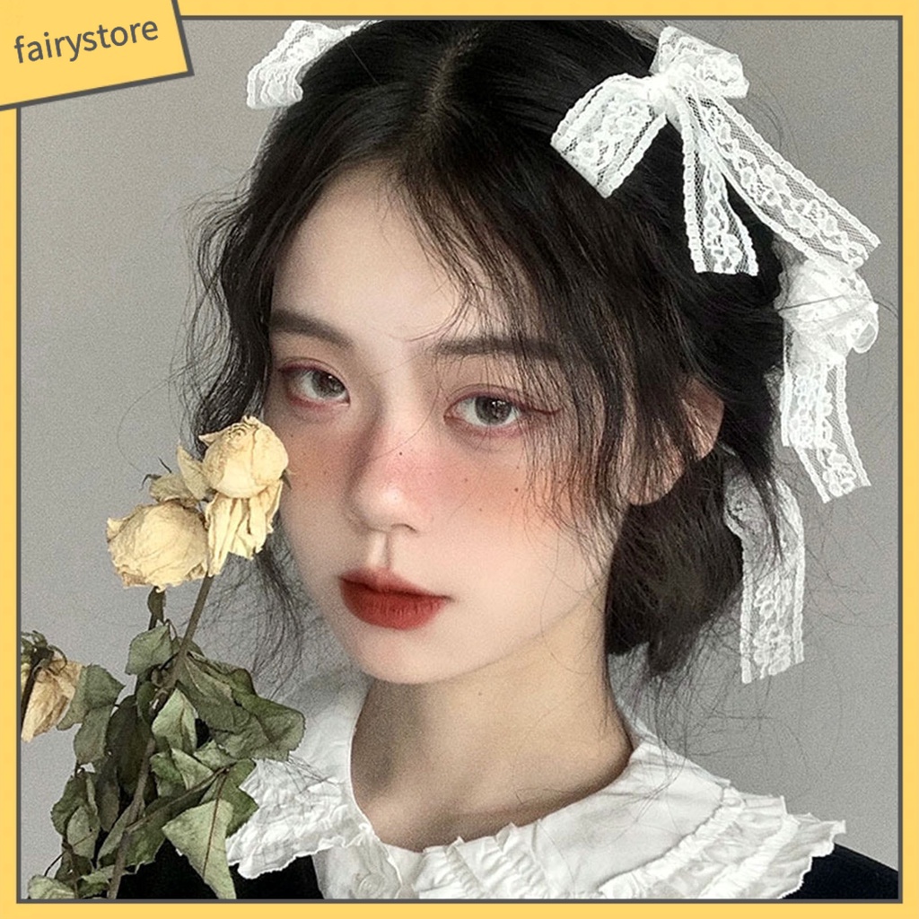 Set 3 / 4 / 6 Kẹp Tóc Nơ Phối Ren Thêu Họa Tiết Phong Cách Lolita Cho Nữ