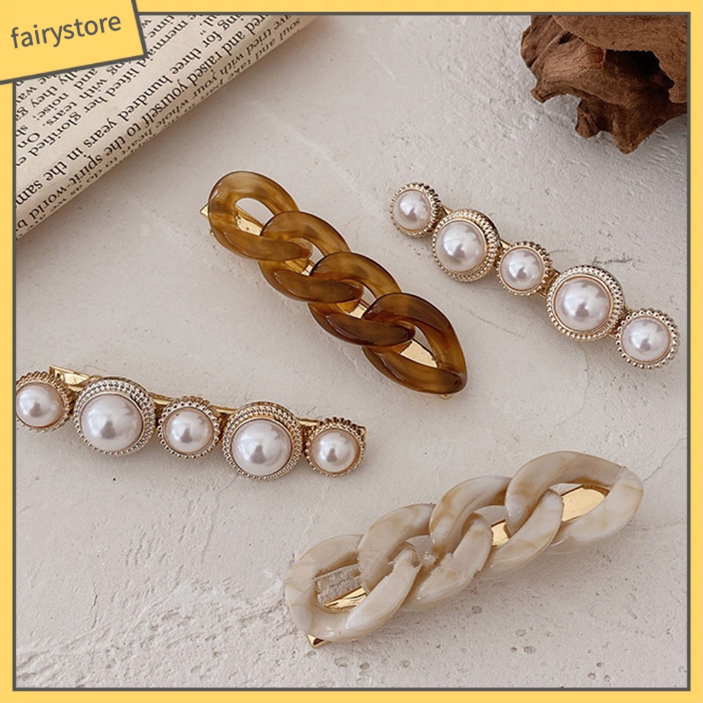 Set 1 / 2 Kẹp Tóc Dạng Chuỗi Hạt Ngọc Trai Giả Bằng Kim Loại