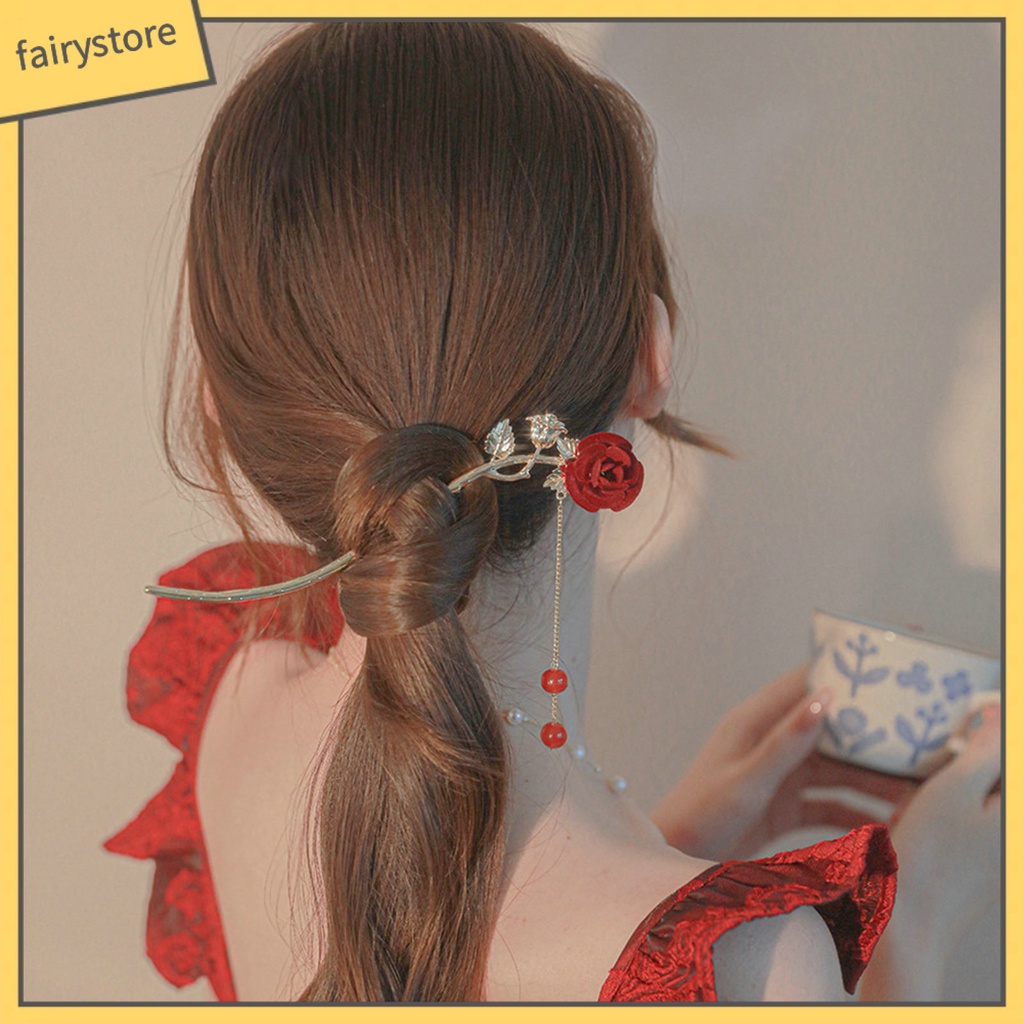 Trâm Cài Tóc Đính Hạt Và Tua Rua Chống Trượt Trang Trí Hoa Hồng Dễ Thương Dành Cho Bạn Nữ