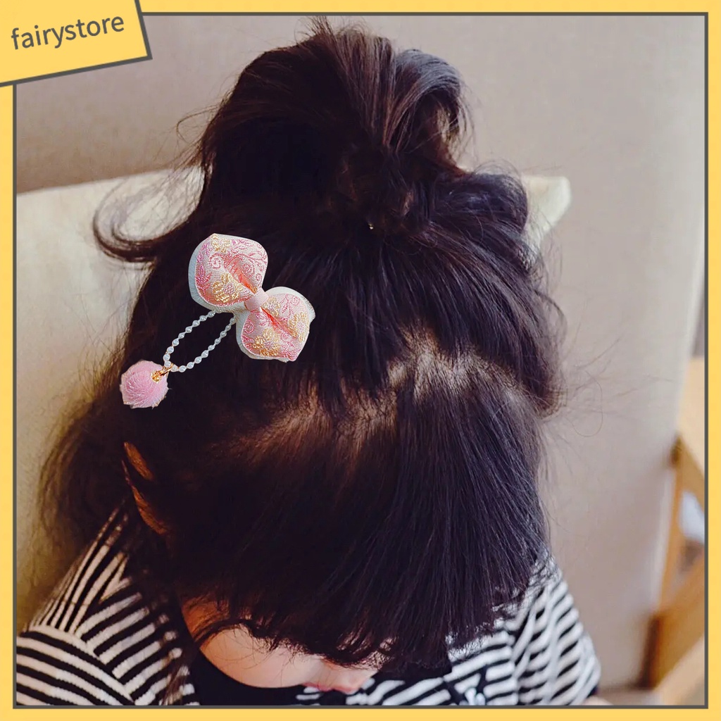 Set 2 Kẹp Tóc Hình Nơ Đính Bóng Lông Tua Rua Đỏ Phong Cách Trung Hoa Cổ Điển Mừng Năm Mới Cho Nữ