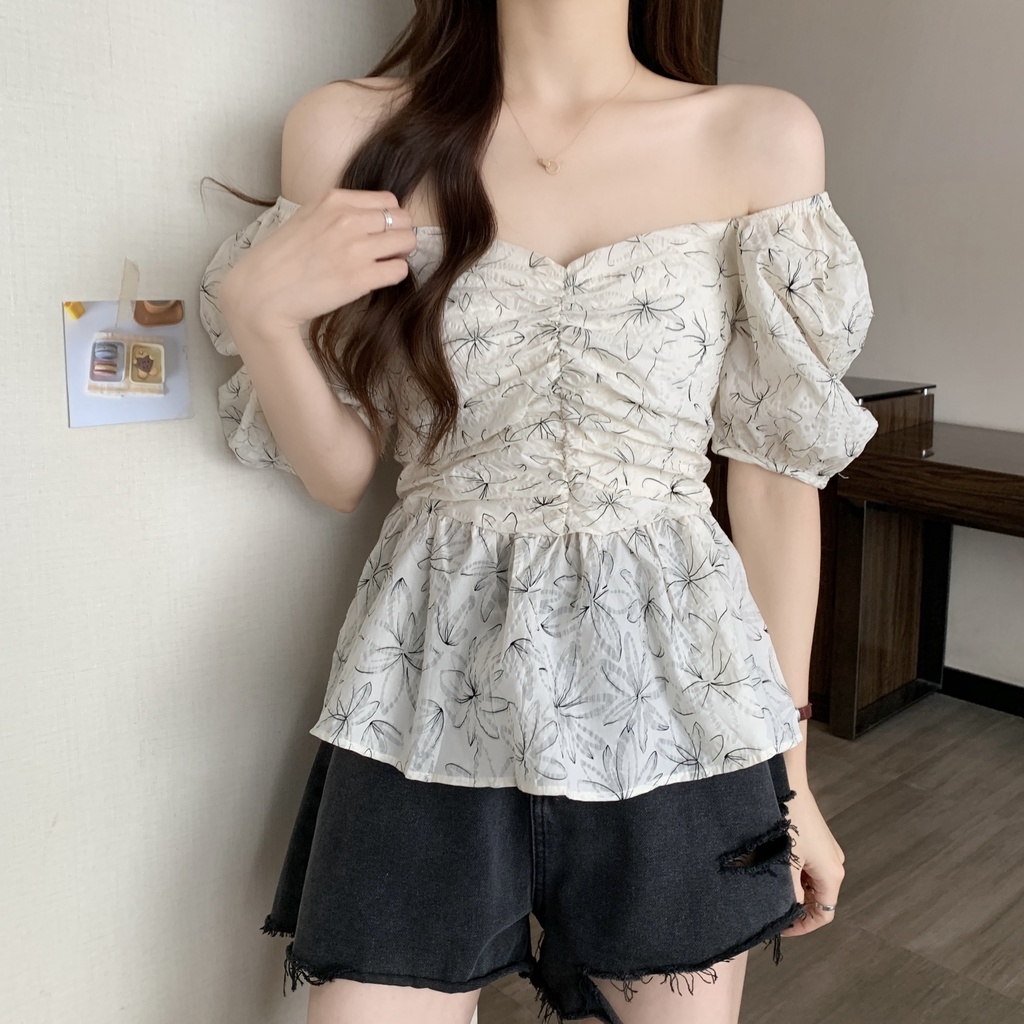 SUXI Áo Kiểu Cổ Vuông Tay Phồng Xếp Ly Dáng Ôm In Họa Tiết Thời Trang Mùa Hè Xinh Xắn Cho Nữ