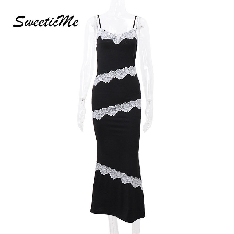 Đầm Hai Dây Dáng Dài Cổ Chữ V Eo Cao Phối Màu Tương Phản Thời Trang Mới 2023 Dành Cho Bạn Nữ