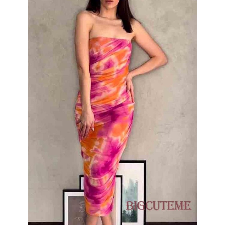 [] Đầm Ống Ôm Dáng Không Dây Dạng Lưới In Họa Tiết Có Khóa Kéo Thời Trang Đi Biển Mùa Hè Cho Nữ