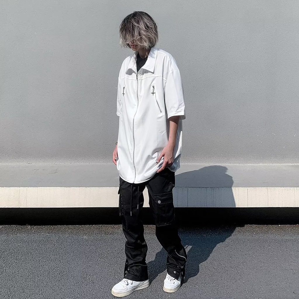 Áo Sơ Mi Tay Ngắn Màu Đen Có Khóa Kéo Dáng Rộng Phong Cách Đường Phố Mỹ Cá Tính Cho Nam