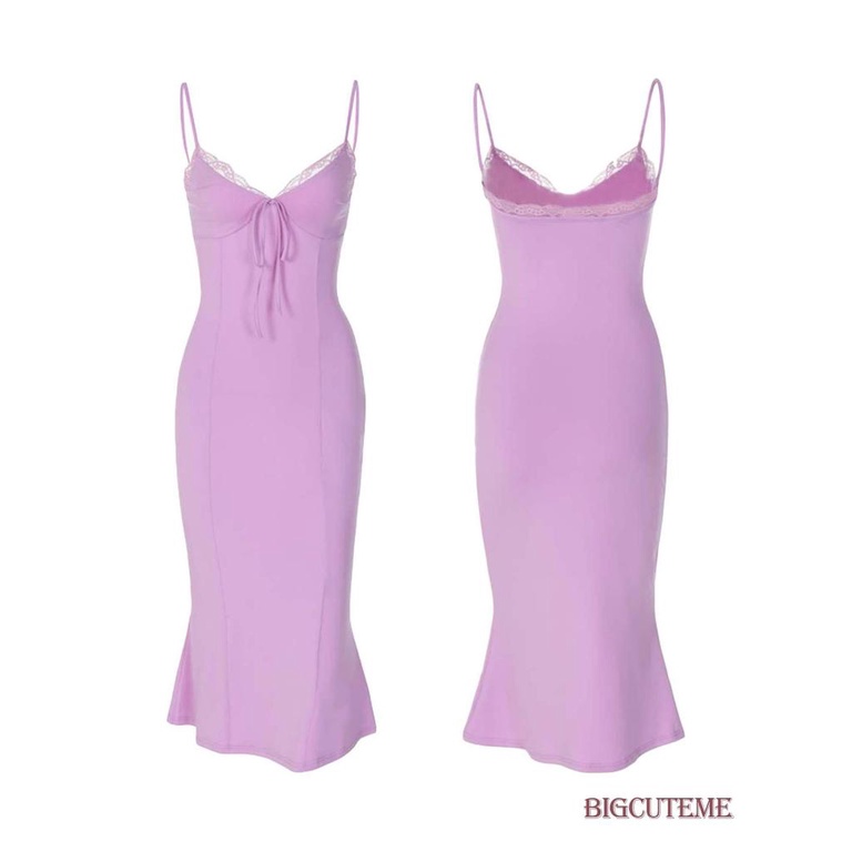 [] - Đầm Midi Hai Dây Màu Tím Cổ Chữ V Hở Lưng Buộc Dây