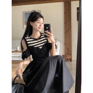 ✨BÁN SỈ✨Đầm xoè đen cup ngực phối kẻ