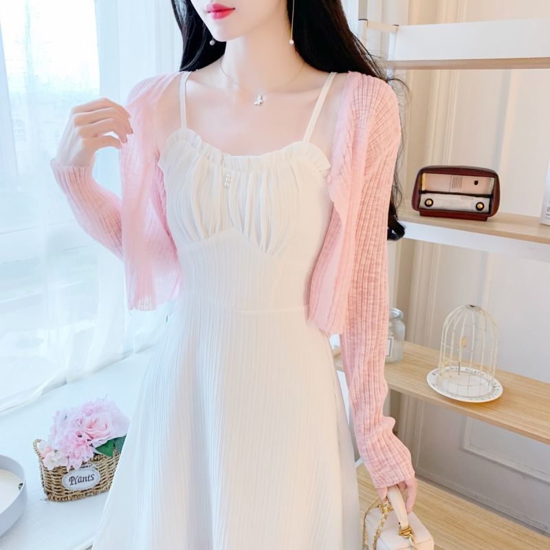 Bộ Áo Hai Dây + Chân Váy Dài Ôm Eo Màu Xanh Dương Thời Trang Mùa Hè Xinh Xắn Cho Nữ