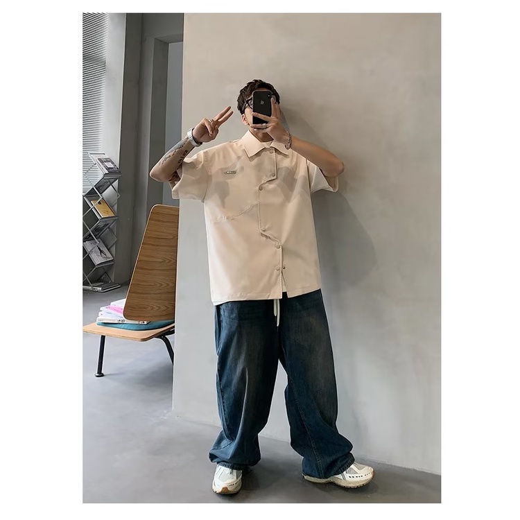 Áo Sơ Mi Nam Ngắn Tay Dáng Rộng Thiết Kế Bất Đối Xứng Phong Cách Mới 2023