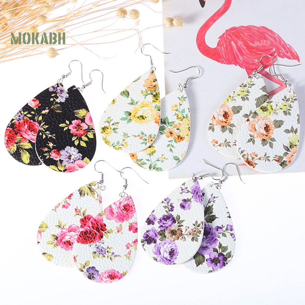 Abh Bông Tai Móc Hình Giọt Nước Họa Tiết Hình Hoa Bằng Chất Liệu Giả Da Theo Phong Cách Boho