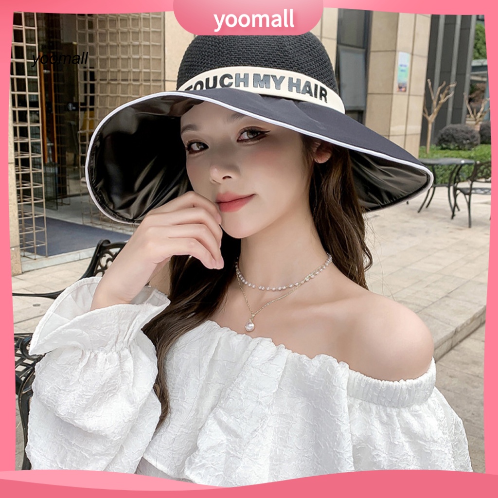 Mũ Tai Bèo Rộng Vành Chống Nắng Phối Ruy Băng In Chữ Thời Trang Mùa Hè Cho Nữ