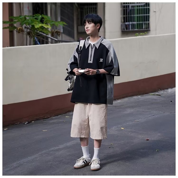 Áo Thun polo Ngắn Tay Dáng Rộng Có Khóa Kéo Màu Sắc Tương Phản Phong Cách Mỹ Thời Trang Mùa Hè Cho Nam