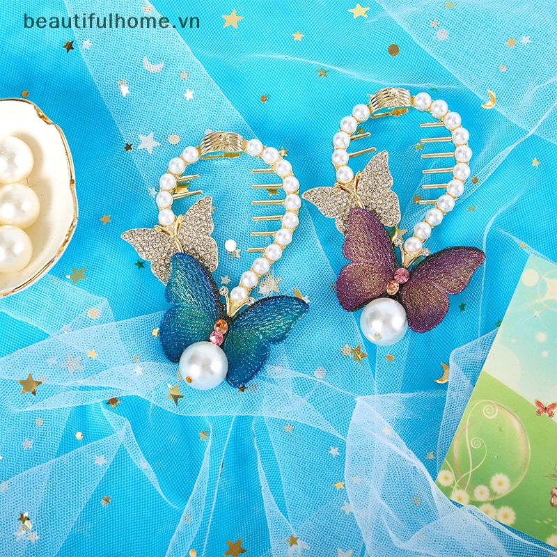 Kẹp Tóc Càng Cua Đính Đá Ngọc Trai Hình Bướm Xinh Xắn Cho Nữ