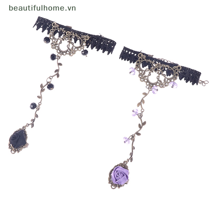 [beautifulhome] Vòng Tay Hạt Pha Lê Đen Phối Ren Cổ Điển Dành Cho Nữ Làm Đẹp
