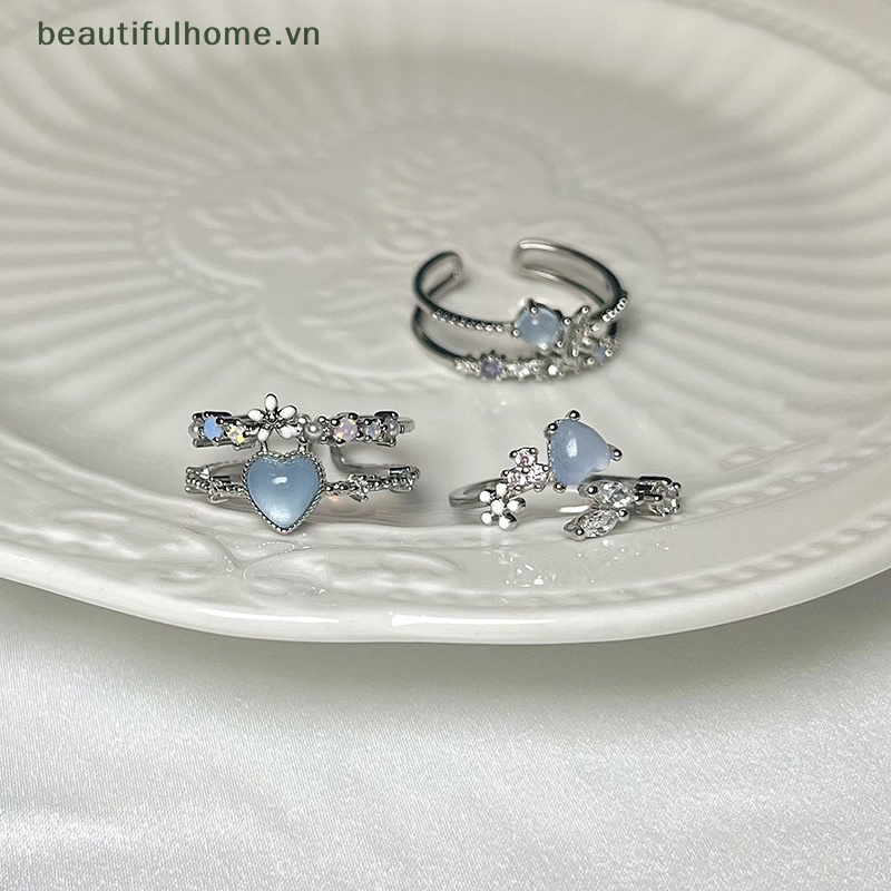 [beautifulhome] Nhẫn Hở Đính Đá Zircon Hình Trái Tim Màu Xanh Navy Có Thể Điều Chỉnh Làm Quà Tặng Trang Sức [beauty]