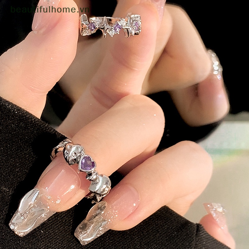 [beautifulhome] Nhẫn Mở Đính Đá Pha Lê Tím Phong Cách Vintage Y2K Có Thể Điều Chỉnh Làm Quà Tặng [beauty]
