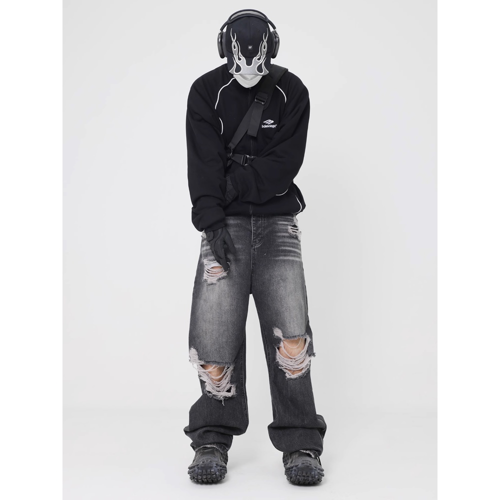 Quần Jean Dài Ống Rộng Phối Rách Lớn Kiểu Retro Đường Phố Mỹ Cá Tính Cho Nam