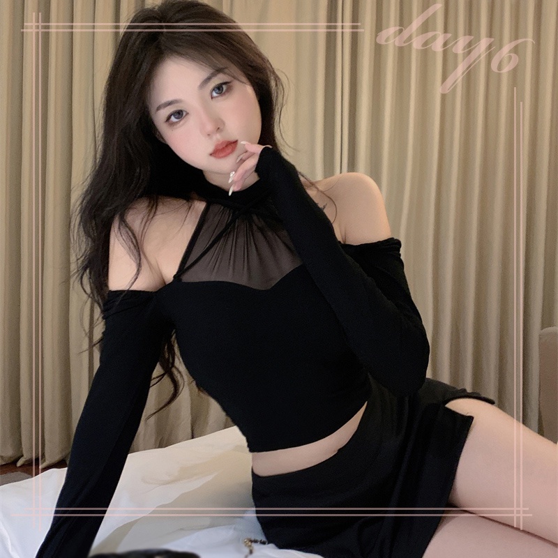 Áo Croptop Tay Dài Phối Lưới Màu Sắc Thanh Lịch Cho Phái Nữ