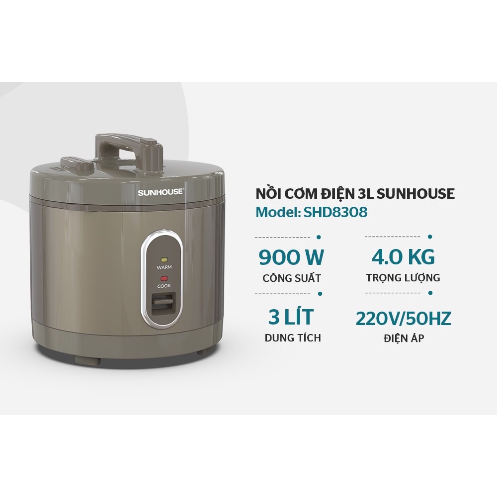 Nồi cơm điện Sunhouse 3.0L nắp gài SHD8305/SHD8306 - Đáp ứng nhu cầu 6-10 người dùng - Bảo hành chính hãng 1 năm