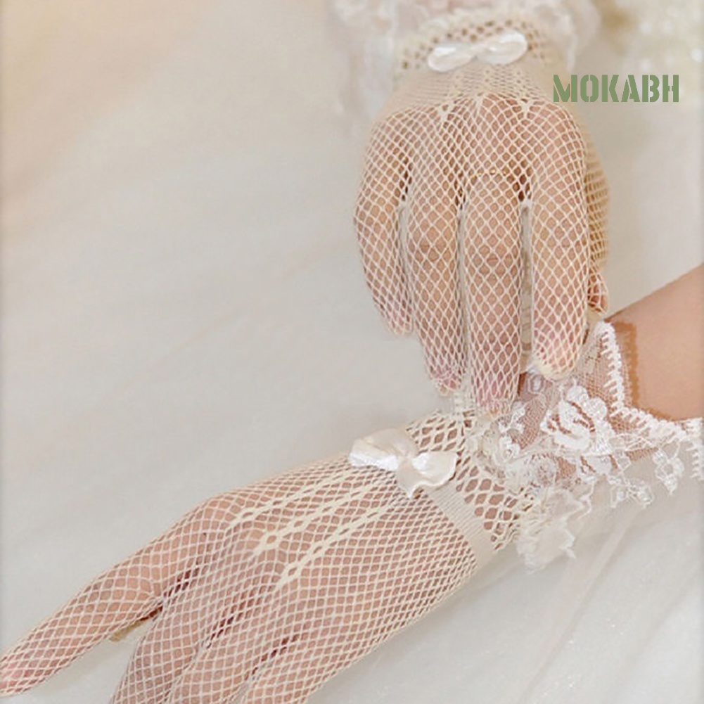 Găng Tay Ren Lưới Đính Nơ Cho Cô Dâu Ngày Cưới