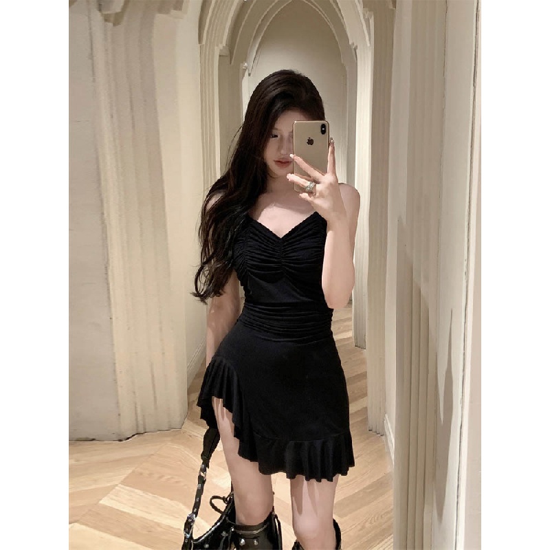 New black V-neck suspender dress summer irregular hem dress for girls dress elegant waist slimming flounced skirt