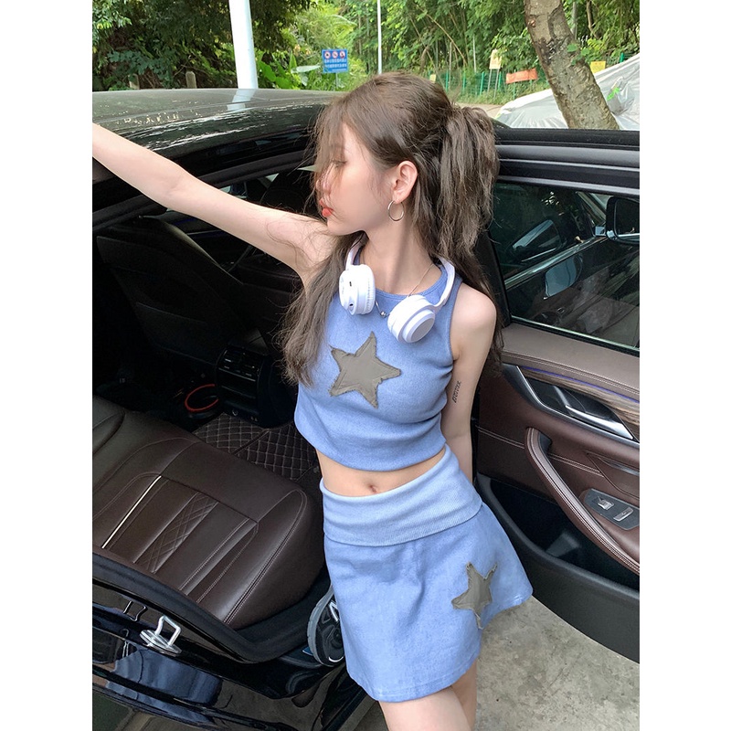 Bộ Áo Thun Không Tay + Chân Váy Ngắn Lưng Cao Thời Trang Mùa Hè Xinh Xắn Cho Nữ Y2K