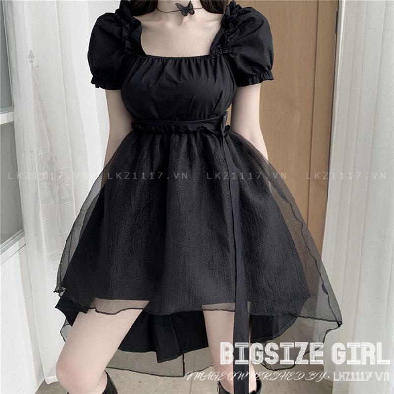 Váy công chúa nữ Bigsize Đầm dự tiệc sang trọng dáng ôm tay ngắn cổ vuông voan đen mùa hè Phong cách Hàn Quốc Thời Trang đẹp
