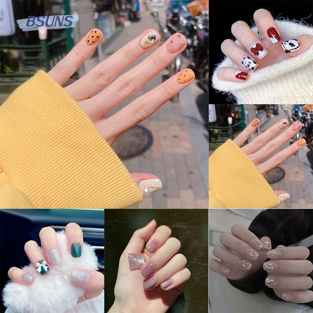 Hộp 24 Móng Tay Giả Ngắn / Tròn / Vuông Phong Cách Pháp