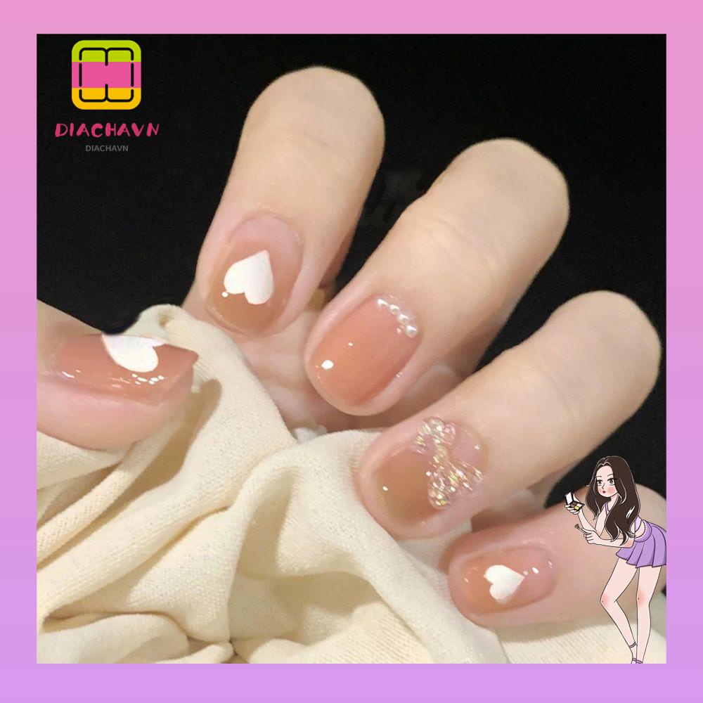 Set 24 Móng Tay Giả Bằng Acrylic Che Phủ Toàn Diện Thắt Nơ Trái Tim