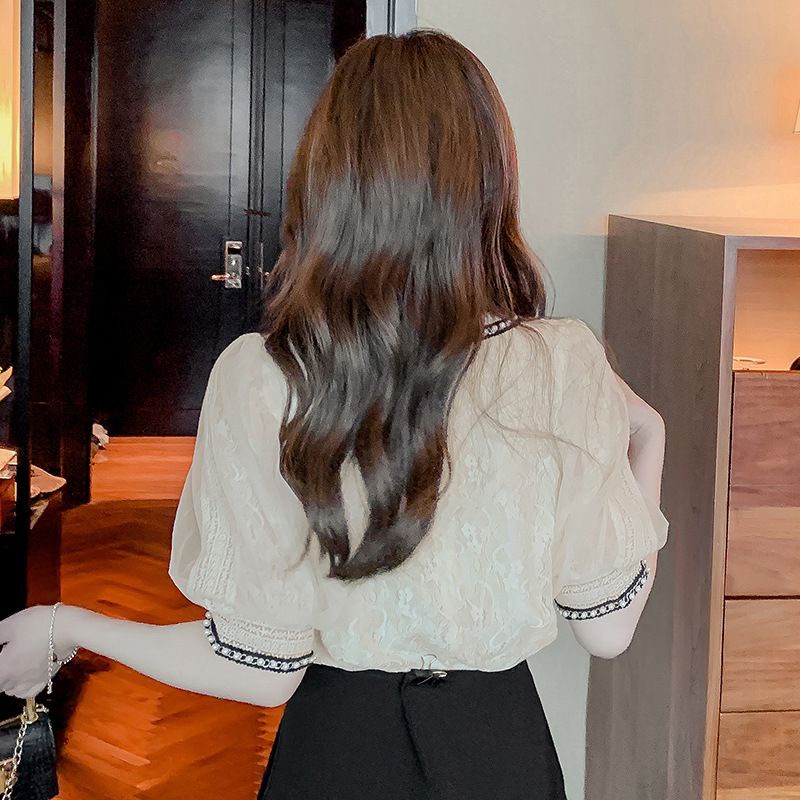 Áo Sơ Mi Tay Ngắn Phồng Phối Ren Đính Hạt Thời Trang Mùa Hè Cho Nữ