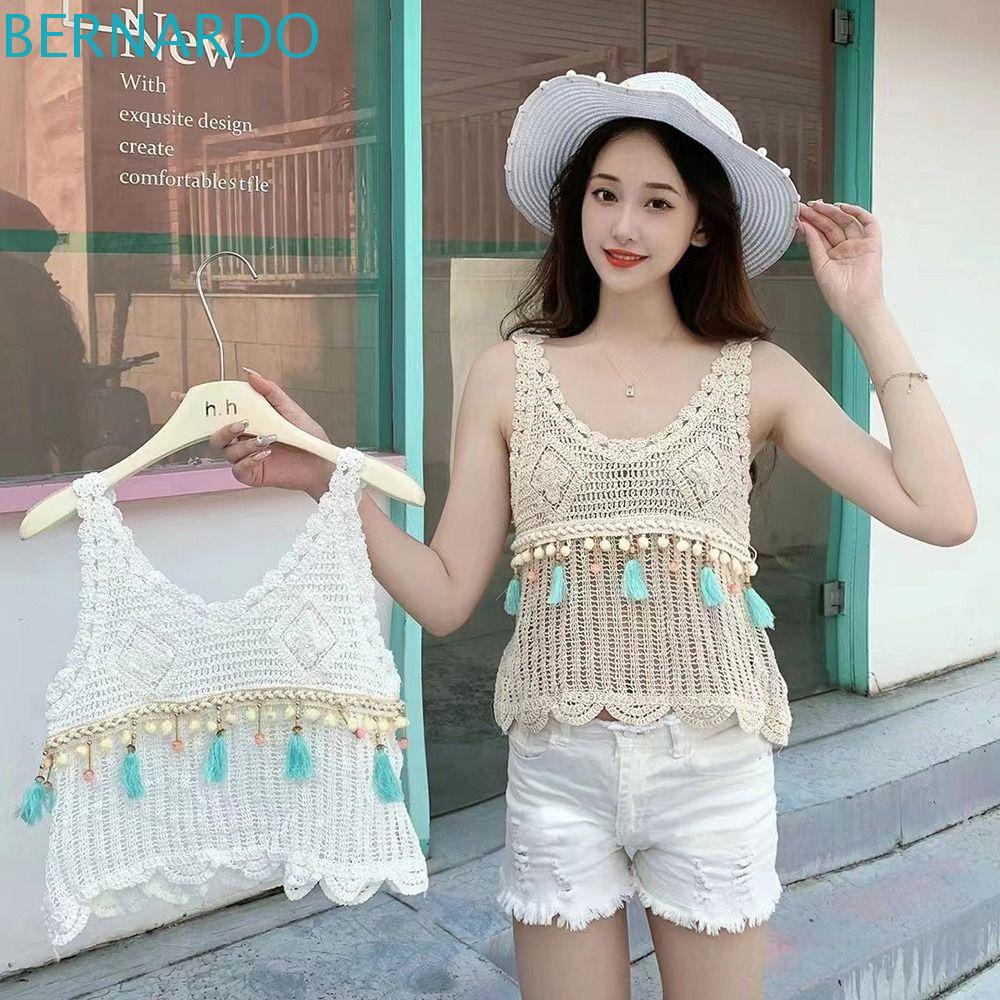 Áo Dệt Kim Cotton Sát Nách Phối Tua Rua Phong Cách Bohemian Thời Trang Đi Biển Cho Nữ