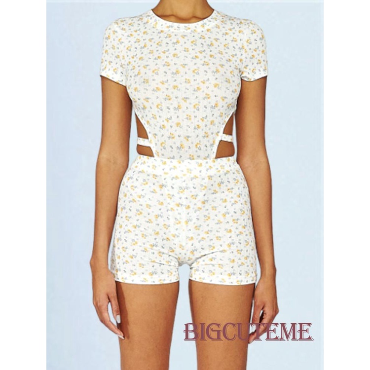 Bộ Áo Liền Quần Ngắn Tay Cổ Tròn In Hoa + Quần Short Ôm Dáng Thời Trang Mùa Hè Cho Nữ