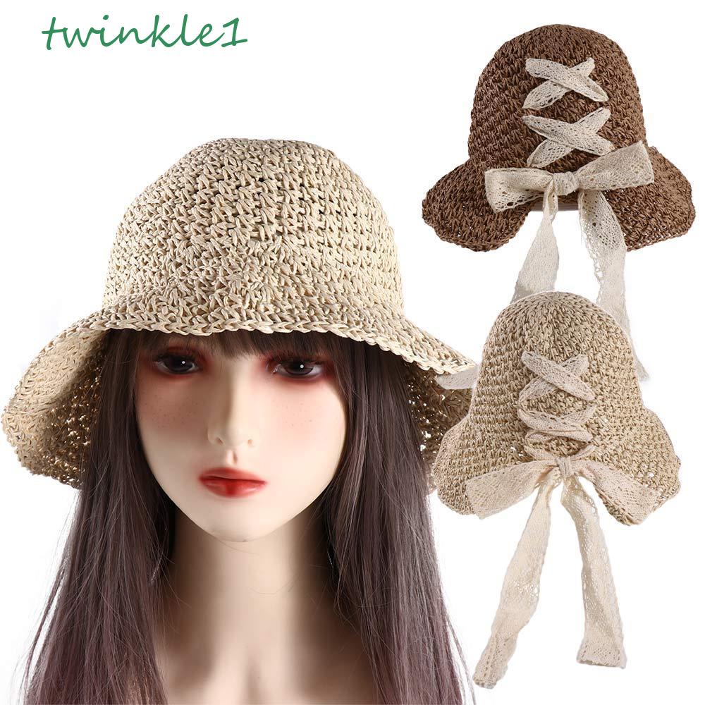 TWINKLE Mũ Cói Chống Nắng Phối Dây Ruy Băng Ren Handmade Phong Cách Anh Quốc Có Thể Gập Lại Cho Nữ