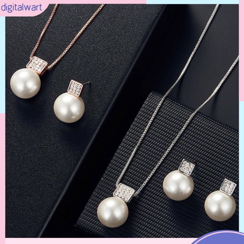 Bộ Vòng cổ + Bông Tai Đính Kim Cương &amp; Ngọc Trai Hình Vuông Cho Nữ