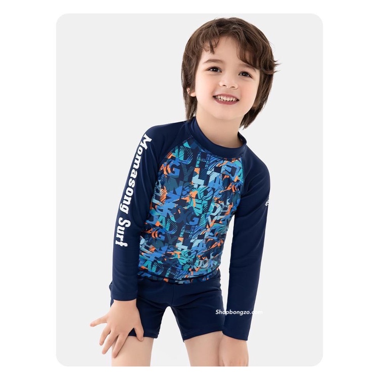 Bộ bơi bé trai dài tay, xanh đen hoạ tiết chữ, Momasong