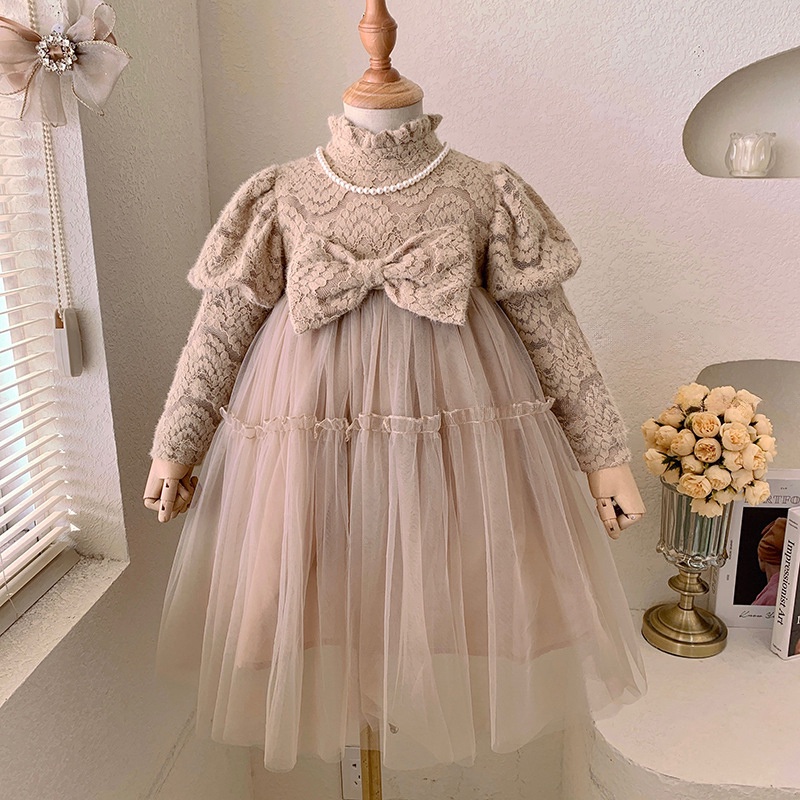 Đầm Dệt Kim Tay Dài Đính Nơ Thời Trang Thu Đông Cho Bé Gái 3-8 Tuổi