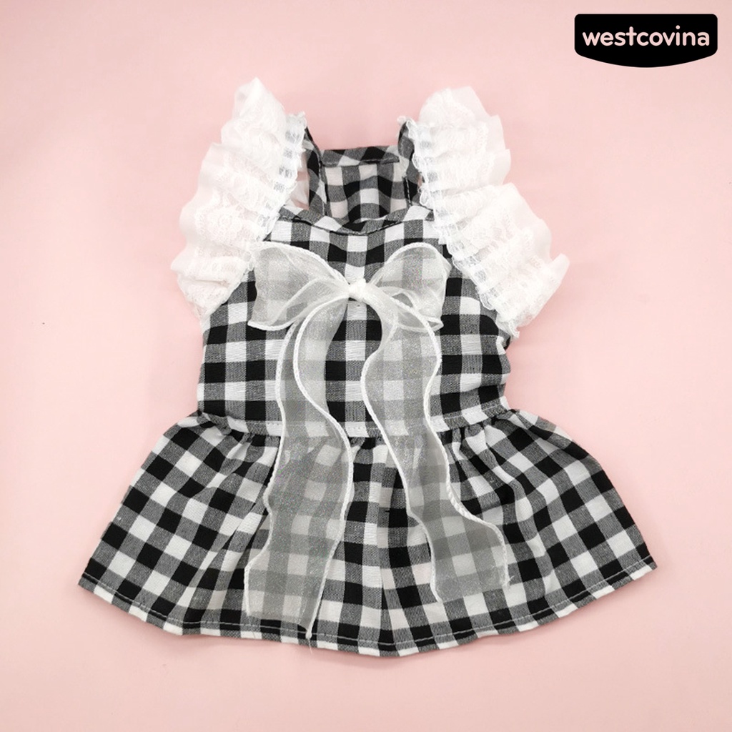 [COD]♞Đầm Công Chúa Họa Tiết Caro Đính Nơ Phối Ren Xinh Xắn Cho Thú Cưng