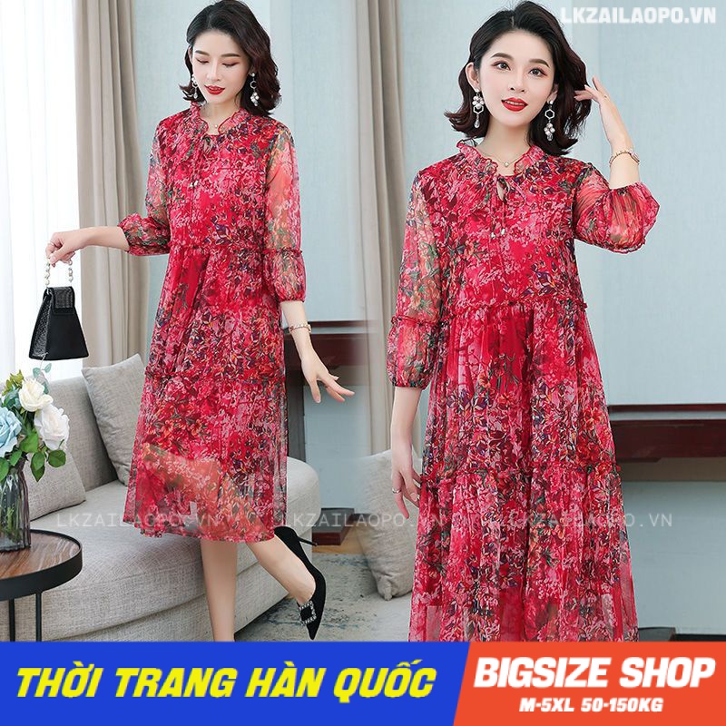 Đầm trung niên Bigsize Váy trung niên cho mẹ voan dáng suông tay ngắn cổ tròn in hình mùa hè Phong cách Hàn Quốc Thời Trang cá tính xinh đẹp cho người mập béo nữ