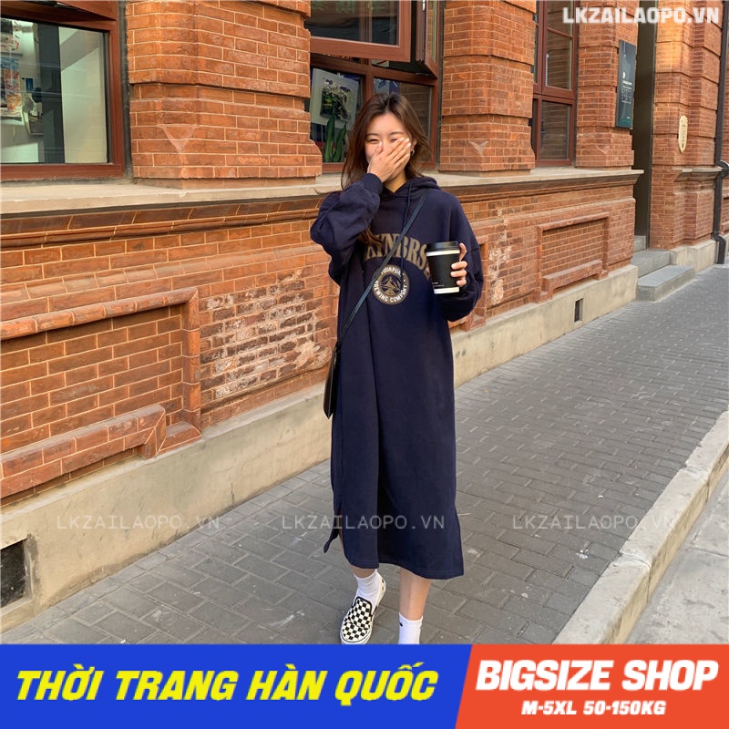Váy đầm nữ Bigsize Đầm nỉ hoodie dáng suông tay dài Dày dặn mùa thu Phong cách Hàn Quốc Thời Trang đẹp