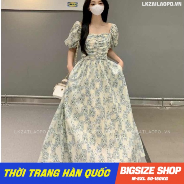 Váy đầm nữ Bigsize Đầm hoa nhí dài qua gối tay ngắn cổ vuông mùa hè Phong Cách hàn quốc đẹp Thanh Lịch cho nữ