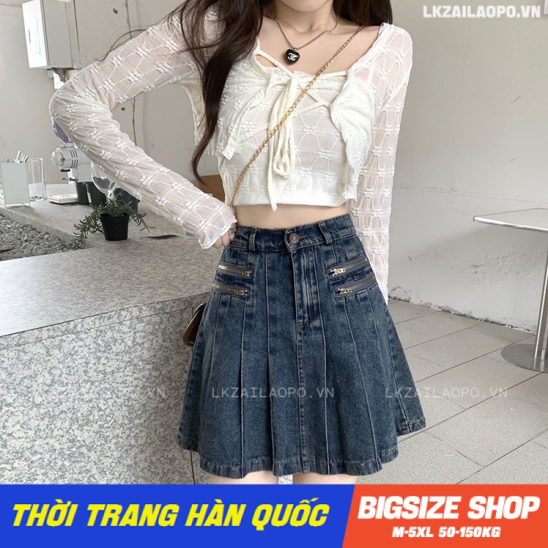 Chân váy bò ngắn Bigsize chân váy nữ jean lưng cao chữ a xếp ly mùa hè Phong Cách hàn quốc đẹp Thanh Lịch cho nữ