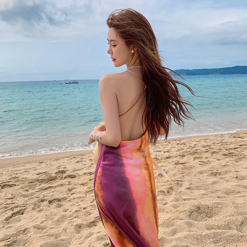 Đầm Lụa Dáng Dài Hở Lưng Nhuộm Màu Quyến Rũ Dễ Phối Đồ Thời Trang Cho Nữ