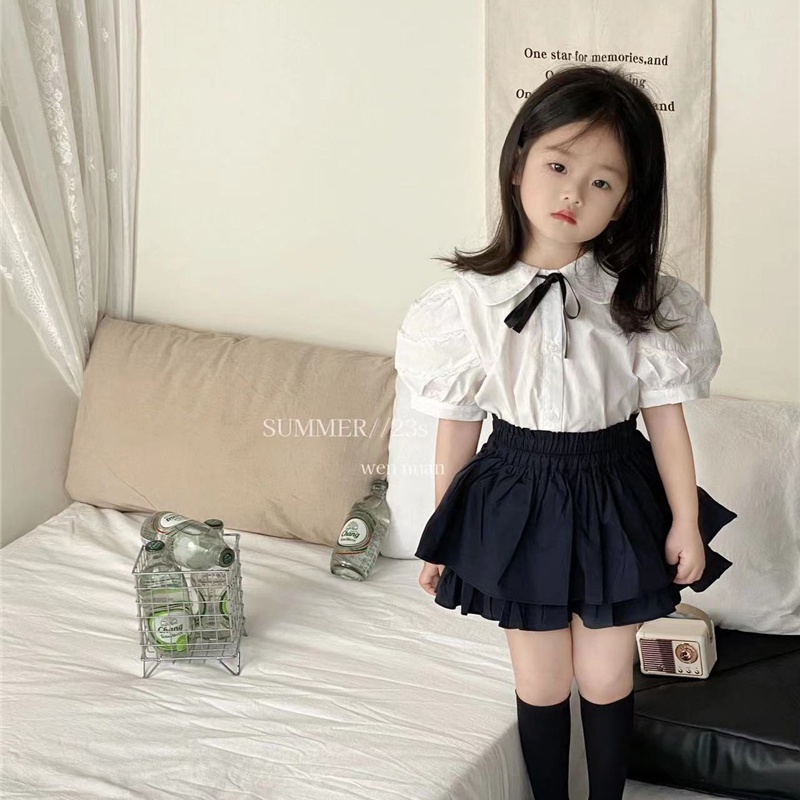 Áo Sơ Mi Tay Ngắn Cổ Peter Pan Thắt Nơ Phong Cách Preppy Mùa Hè Mới 2023 Cho Bé Gái